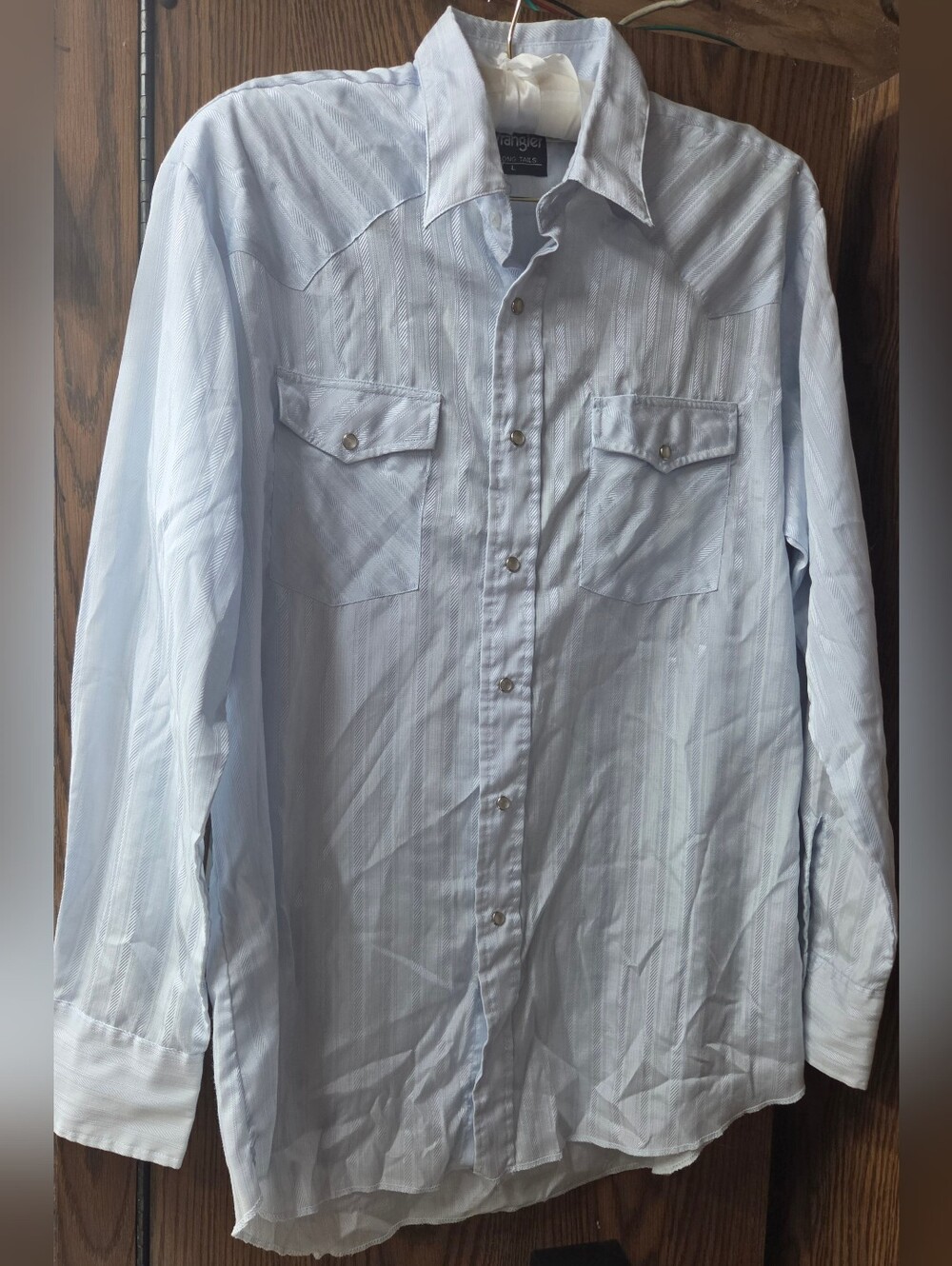 Wrangler Western Shirt Pearl Snap Mens Large Light Blue Shadow Stripe Long Tails